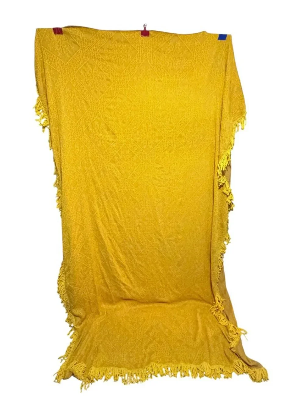 VTG Chenille Bedspread Fringe Mustard Yellow Pale Red MCM Grannycore Twin Full